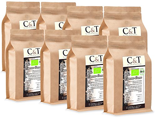 C&T Bio Espresso Crema | Cafe 16 x 1000 g ganze Bohnen Gastro-Sparpack im Kraftpapierbeutel Kaffee für Siebträger, Vollautomaten, Espressokocher von C&T