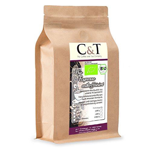 C&T Bio Espresso Crema | Cafe entkoffeiniert 100 % Arabica 1000 g entkoffeinierter Kaffee ganze Bohnen im Kraftpapierbeutel von C&T