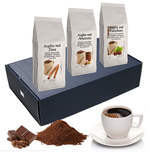 Geschenk Set Aromatisierter Kaffee Gemahlen 3 x 200 g (Zimt, Amaretto und Haselnuss) von C&T
