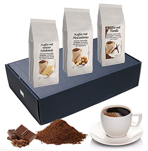 Geschenk Set Aromatisierter Kaffee Ganze Bohne 3 x 200 g (Macadamia, Weiße Schokolade und Vanille) von C&T