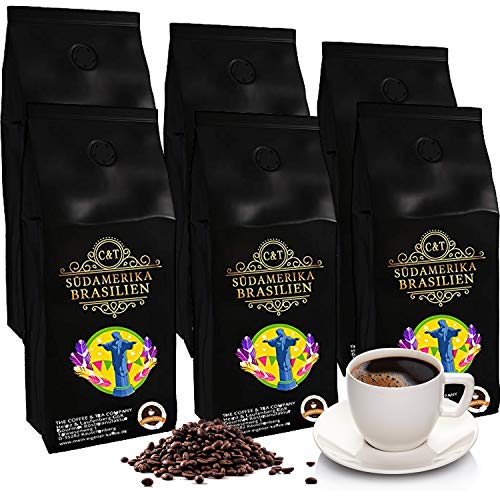 Kaffee Café Crema BRASIL, mild & aromatisch, ganze Bohne, extra säurearm (6 x 500 g) von C&T