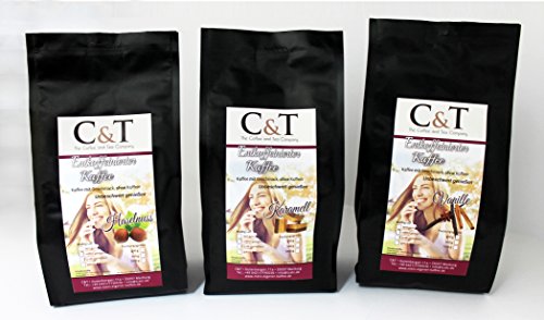 Kaffee mit Geschmack, ohne Koffein! GEMAHLENER Entkoffeinierter Kaffee mit natürlichen Aromen: Haselnuss, Karamell, Vanille (3 Sorten) (1000 g) von C&T