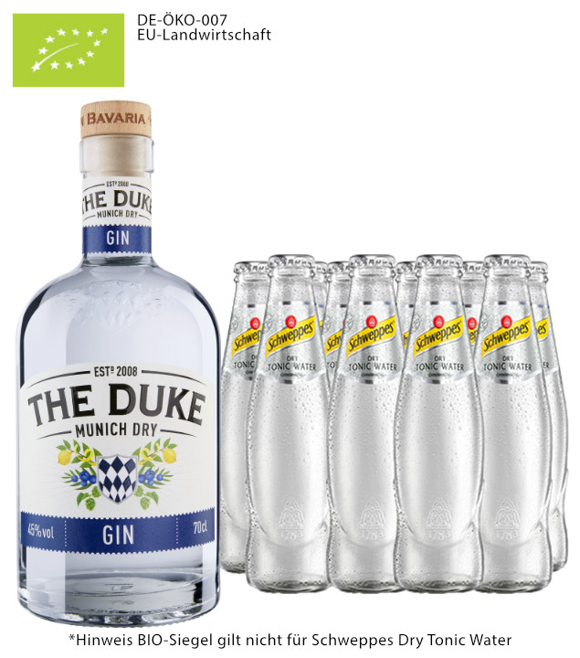 The Duke Gin Bio & 10 x Schweppes Dry Tonic (45 % Vol., 2,7 Liter) von The Duke Destillerie