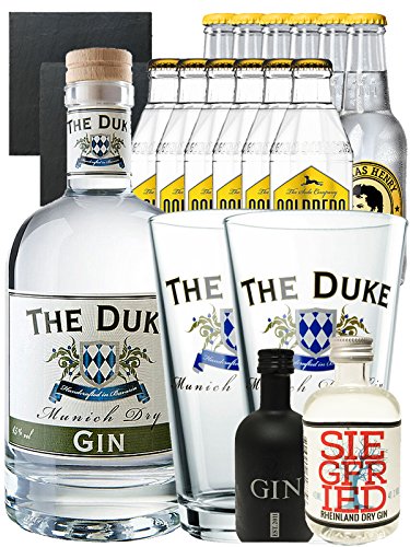 Gin-Set The Duke München Dry BIO Gin 0,7 Liter + Black Gin 5cl + Siegfried Dry Gin 4cl + 6 x Thomas Henry Tonic Water 0,2 Liter, 6 x Goldberg Tonic Water 0,2 Liter + 2 Schieferuntersetzer quadratisch 9,5 cm + 2 x The Duke Long Drink Glas 0,3 Liter von The Duke