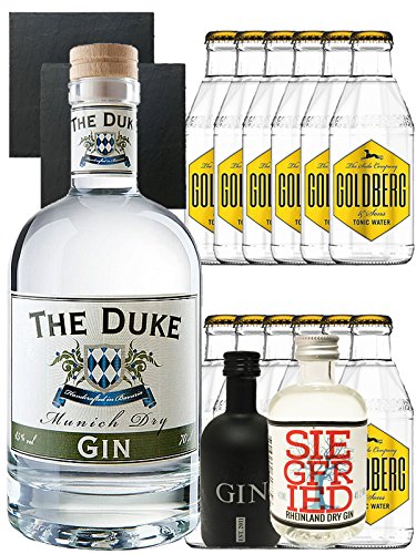 Gin-Set The Duke München Dry BIO Gin 0,7 Liter + Black Gin Gansloser Deutschland 5cl + Siegfried Dry Gin Deutschland 4cl + 12 x Goldberg Tonic Water 0,2 Liter + 2 Schieferuntersetzer quadratisch 9,5 cm von The Duke