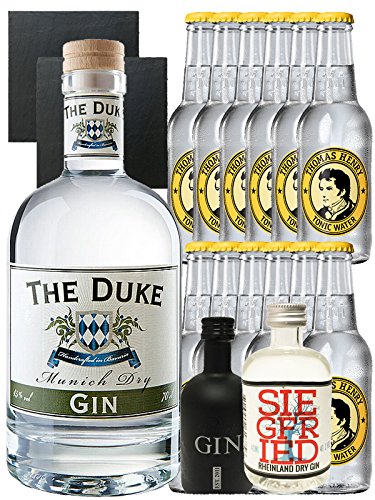 Gin-Set The Duke München Dry BIO Gin 0,7 Liter + Black Gin Gansloser Deutschland 5cl + Siegfried Dry Gin Deutschland 4cl + 12 x Thomas Henry Tonic Water 0,2 Liter + 2 Schieferuntersetzer quadratisch 9,5 cm von The Duke