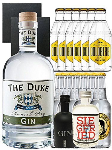 Gin-Set The Duke München Dry BIO Gin 0,7 Liter + Black Gin Gansloser Deutschland 5cl + Siegfried Dry Gin Deutschland 4cl + 6 x Thomas Henry Tonic Water 0,2 Liter, 6 x Goldberg Tonic Water 0,2 Liter + 2 Schieferuntersetzer quadratisch 9,5 cm von The Duke