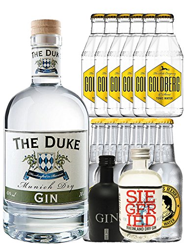 Gin-Set The Duke München Dry BIO Gin 0,7 Liter + Black Gin Gansloser Deutschland 5cl + Siegfried Dry Gin Deutschland 4cl + 6 x Thomas Henry Tonic Water 0,2 Liter, 6 x Goldberg Tonic Water 0,2 Liter von The Duke