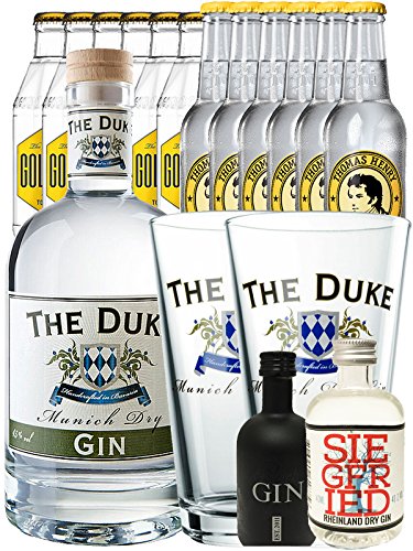 Gin-Set The Duke München Dry BIO Gin 0,7 Liter + Black Gin Gansloser Deutschland 5cl + Siegfried Dry Gin Deutschland 4cl + 6 x Thomas Henry Tonic Water 0,2 Liter, 6 x Goldberg Tonic Water 0,2 Liter + 2 x The Duke Long Drink Glas 0,3 Liter von The Duke