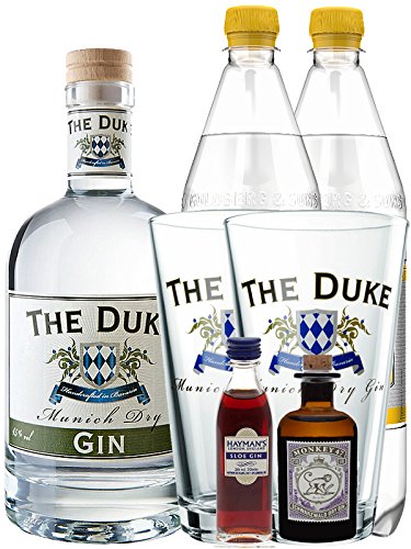 Gin-Set The Duke München Dry BIO Gin 0,7 Liter + Haymans Sloe Gin 5cl + Monkey 47 Schwarzwald Dry Gin 5cl MINIATUR + 2 x Goldberg Tonic Water 1,0 Liter + 2 x The Duke Long Drink Glas 0,3 Liter von The Duke