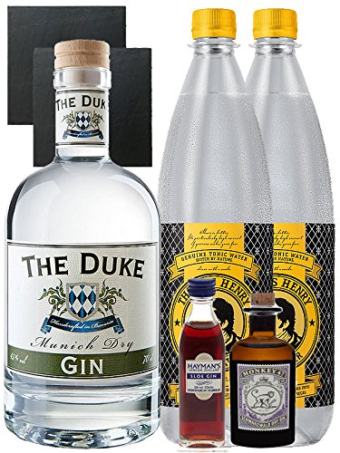 Gin-Set The Duke München Dry BIO Gin 0,7 Liter + Haymans Sloe Gin 5cl + Monkey 47 Schwarzwald Dry Gin 5cl MINIATUR + 2 x Thomas Henry Tonic Water 1,0 Liter + 2 Schieferuntersetzer quadratisch 9,5 cm von The Duke