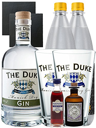 Gin-Set The Duke München Dry BIO Gin 0,7 Liter + Haymans Sloe Gin 5cl + Monkey 47 Schwarzwald Dry Gin 5cl MINIATUR + 2 x Thomas Henry Tonic Water 1,0 Liter + 2 Schieferuntersetzer quadratisch 9,5 cm + 2 x The Duke Long Drink Glas 0,3 Liter von The Duke