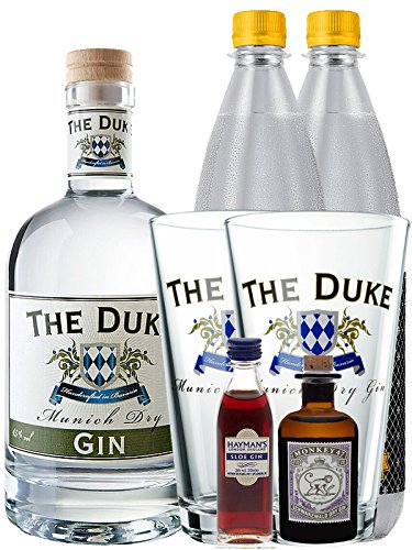 Gin-Set The Duke München Dry BIO Gin 0,7 Liter + Haymans Sloe Gin 5cl + Monkey 47 Schwarzwald Dry Gin 5cl MINIATUR + 2 x Thomas Henry Tonic Water 1,0 Liter + 2 x The Duke Long Drink Glas 0,3 Liter von The Duke