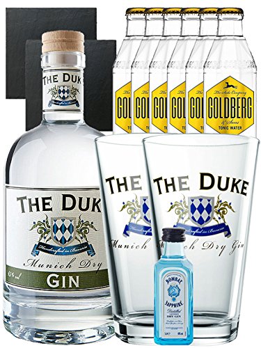 Gin-Set The Duke München Dry BIO Gin 0,7 Liter + Nordes Atlantic Gin 0,05 Liter Miniatur + 6 Goldberg Tonic Water 0,2 Liter + 2 Schieferuntersetzer quadratisch 9,5 cm + 2 x The Duke Long Drink Glas 0,3 Liter von The Duke