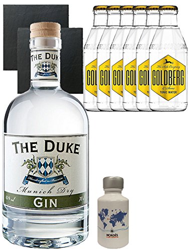 Gin-Set The Duke München Dry BIO Gin 0,7 Liter + Nordes Atlantic Gin 0,05 Liter Miniatur + 6 Goldberg Tonic Water 0,2 Liter + 2 Schieferuntersetzer quadratisch 9,5 cm von The Duke
