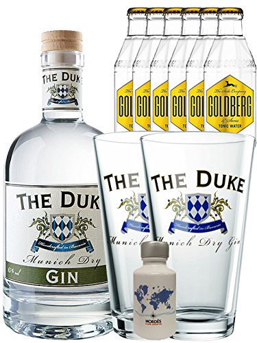 Gin-Set The Duke München Dry BIO Gin 0,7 Liter + Nordes Atlantic Gin 0,05 Liter Miniatur + 6 Goldberg Tonic Water 0,2 Liter + 2 x The Duke Long Drink Glas 0,3 Liter von The Duke