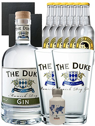 Gin-Set The Duke München Dry BIO Gin 0,7 Liter + Nordes Atlantic Gin 0,05 Liter Miniatur + 6 Thomas Henry Tonic Water 0,2 Liter + 2 Schieferuntersetzer quadratisch 9,5 cm + 2 x The Duke Long Drink Glas 0,3 Liter von The Duke