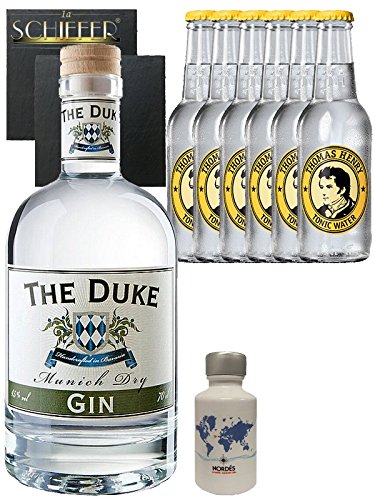 Gin-Set The Duke München Dry BIO Gin 0,7 Liter + Nordes Atlantic Gin 0,05 Liter Miniatur + 6 Thomas Henry Tonic Water 0,2 Liter + 2 Schieferuntersetzer quadratisch 9,5 cm von The Duke