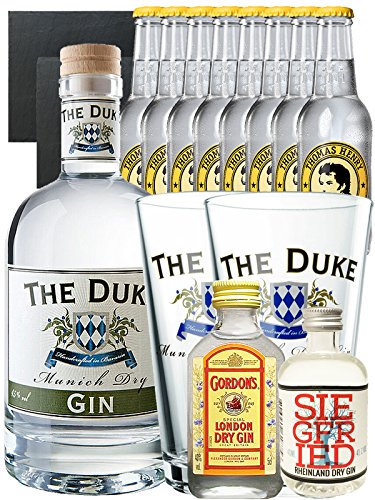 Gin-Set The Duke München Dry BIO Gin 0,7 Liter + Siegfried Dry Gin Deutschland 4cl + Gordons Dry Gin 5cl + 8 Thomas Henry Tonic Water 0,2 Liter + 2 Schieferuntersetzer quadratisch 9,5 cm + 2 x The Duke Long Drink Glas 0,3 Liter von The Duke