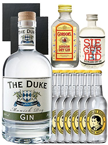 Gin-Set The Duke München Dry BIO Gin 0,7 Liter + Siegfried Dry Gin Deutschland 4cl + Gordons Dry Gin 5cl + 8 Thomas Henry Tonic Water 0,2 Liter + 2 Schieferuntersetzer quadratisch 9,5 cm von The Duke