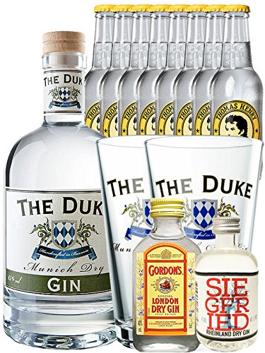 Gin-Set The Duke München Dry BIO Gin 0,7 Liter + Siegfried Dry Gin Deutschland 4cl + Gordons Dry Gin 5cl + 8 Thomas Henry Tonic Water 0,2 Liter + 2 x The Duke Long Drink Glas 0,3 Liter von The Duke