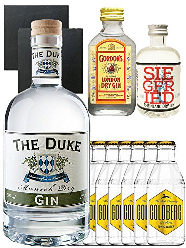 Gin-Set The Duke München Dry BIO Gin 0,7 Liter + Siegfried Dry Gin Deutschland 4cl + Gordons Dry Gin 5cl + 8 x Goldberg Tonic Water 0,2 Liter + 2 Schieferuntersetzer quadratisch 9,5 cm von The Duke