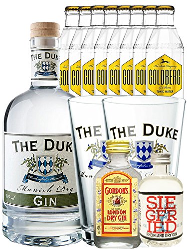 Gin-Set The Duke München Dry BIO Gin 0,7 Liter + Siegfried Dry Gin Deutschland 4cl + Gordons Dry Gin 5cl + 8 x Goldberg Tonic Water 0,2 Liter + 2 x The Duke Long Drink Glas 0,3 Liter von The Duke