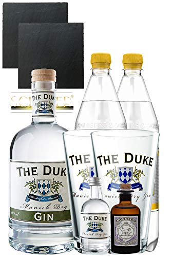 Gin-Set The Duke München Dry BIO Gin 0,7 Liter + The Duke Gin 5cl + Monkey 47 Schwarzwald Dry Gin 5cl MINIATUR + 2 x Goldberg Tonic Water 1,0 Liter + 2 Schieferuntersetzer quadratisch 9,5 cm + 2 x The Duke Long Drink Glas 0,3 Liter von The Duke