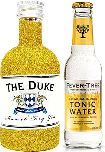 Gin Tonic Bling Bling Mini Probierset - The Duke Munich Dry Gin 50ml (45% Vol) Glitzerflasche Gold + Fever-Tree Tonic Water 200ml inkl. Pfand MEHRWEG -[Enthält Sulfite] von The Duke-The Duke