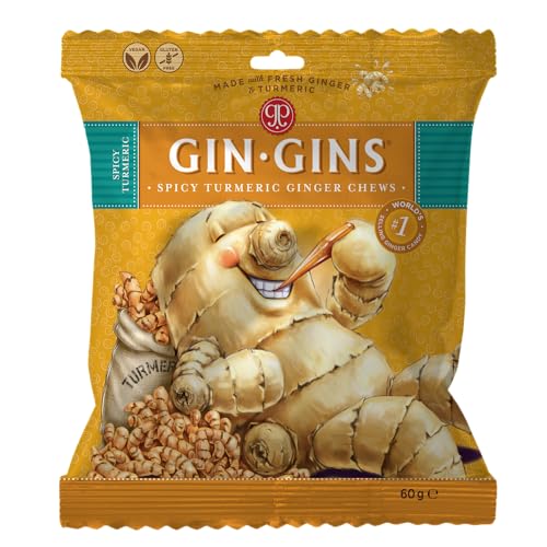The Ginger People GIN GINS Spicy Turmeric-Ingwer-Kaubonbon – Anti-Brechreiz und Verdauungshilfe, einzeln verpacktes gesundes Bonbon – 60 g – (12er-Pack) von The Ginger People