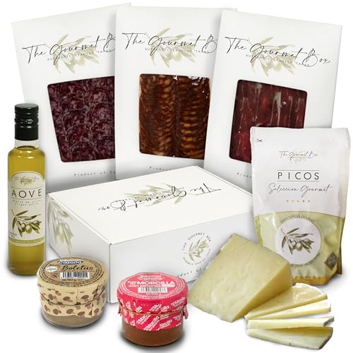 GOURMET BOX: Gourmet-Geschenkkorb; Iberischer Schinken, iberischer Salchichon und Chorizo, 100% Schafskäse, Steinpilz- und Morcilla-Pasteten, handwerkliche Picos und Gourmet-Öl von The Gourmet Box Authentic Spanish Tapas