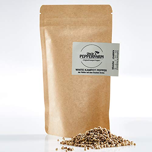 Uncle´s Pepperfarm Weißer Kampot Pfeffer - Sonnengetrocknete ganze weiße Pfefferkörner aus Kambodscha - 200 g Uncle´s Pepperfarm Weißer Kampot Pfeffer - Sonnengetrocknete ganze weiße Pfefferkörner aus Kambodscha - 200 g von The Great Canadian Tea