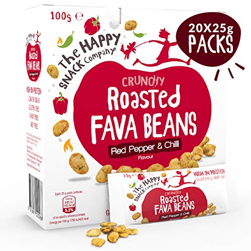 The Happy Snack Company Geröstete Favabohnen, roter Pfeffer und Chiligeschmack Gesunde Snacks, proteinreich, glutenfrei, leckere Snacks, vegan, 105 Kalorien, 25 g Portion, Packung mit 20 Stück von The Happy Snack Company