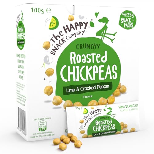 The Happy Snack Company Geröstete Kichererbsen, Limette und gebrochener Pfeffer Geschmack Gesunde Snacks, proteinreich, glutenfrei, leckere Snacks, vegan, 100 Kalorien, 25 g Portion, 20 Stück von The Happy Snack Company