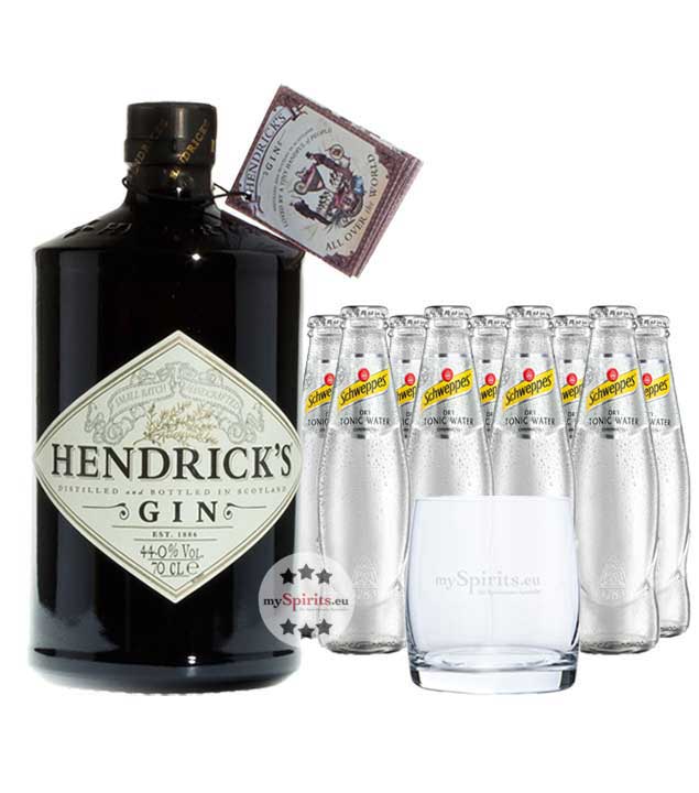 Hendrick’s Gin & 9 x Schweppes Dry Tonic Water & Glas (44 % Vol., 2,5 Liter) von The Hendrick's Gin Distillery