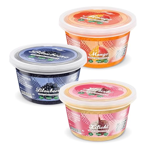 INSPIRE FOOD Bubble Tea Perlen Set - 3er-Pack Popping Boba Fruchtperlen | Litschi, Mango, Blaubeer |Tapioka Perlen 100% vegan und glutenfrei, ohne künstliche Farbstoff, je 450g von The Inspire Food Company