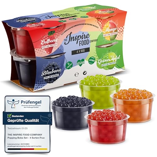 "INSPIRE FOOD Bubble Tea Perlen Set - 4er-Pack Popping Boba Fruchtperlen | Erdbeere, Mango, Grüner Apfel, Heidelbeere | Tapioka Perlen 100% vegan und glutenfrei, ohne künstliche Farbstoff, je 100g von The Inspire Food Company