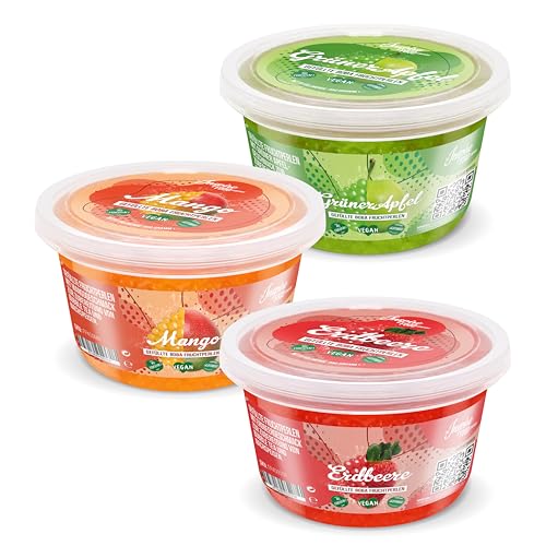 INSPIRE FOOD Bubble Tea Perlen Set - 3er-Pack Popping Boba Fruchtperlen | Erdbeere, Mango, Grüner Apfel | Tapioka Perlen 100% vegan und glutenfrei, ohne künstliche Farbstoff, je 450g von The Inspire Food Company