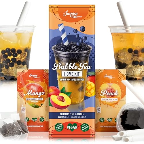 INSPIRE FOOD Bubble Tea-Set - Blaubeer-Boba 100g, Pfirsich Sirup 30ml, Mango Sirup 30ml, 4x Strohhalme + 2x Jasmin-Tee | 100% vegan, glutenfrei, ohne künstl. Farbstoffe von The Inspire Food Company