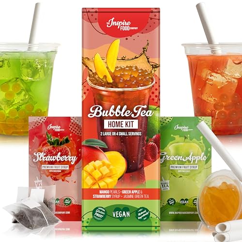 INSPIRE FOOD Bubble Tea-Set - Mango-Boba 100g, Erdbeer Sirup 30ml, Grüner Apfel Sirup 30ml, 4x Strohhalme + 2x Jasmin-Tee | 100% vegan, glutenfrei, ohne künstl. Farbstoffe von The Inspire Food Company