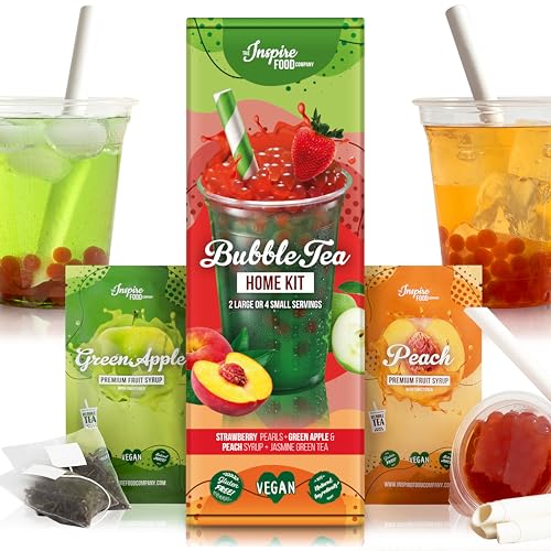 NSPIRE FOOD Bubble Tea-Set - Erdbeer-Boba 100g, Grüner Apfel Sirup 30ml, Pfirsich Sirup 30ml, 4x Strohhalme + 2x Jasmin-Tee | 100% vegan, glutenfrei, ohne künstl. Farbstoffe von The Inspire Food Company