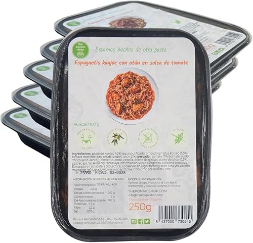 Der Konjak Shop – Kalorienarme Spaghetti mit Thunfisch in Tomatensauce Glutenfreies Shirataki, 250g Wenig Kohlenhydrate (6 Stück) von The Konjac Shop