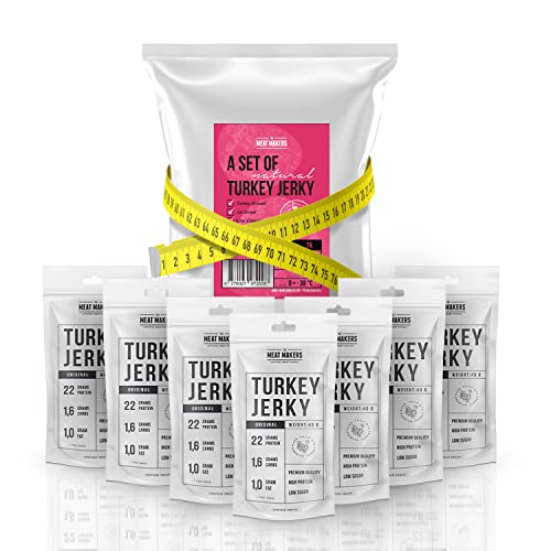 THE MEAT MAKERS 100% Turkey Jerky 7x40 g Protein-Shake-Ersatz Ideal für das Büro, das aktive Leben, nach dem Training. Gesunde Snacks Kalorienarme Lebensmittel Trockenfleisch gesunde Ernährung von The Meat Makers