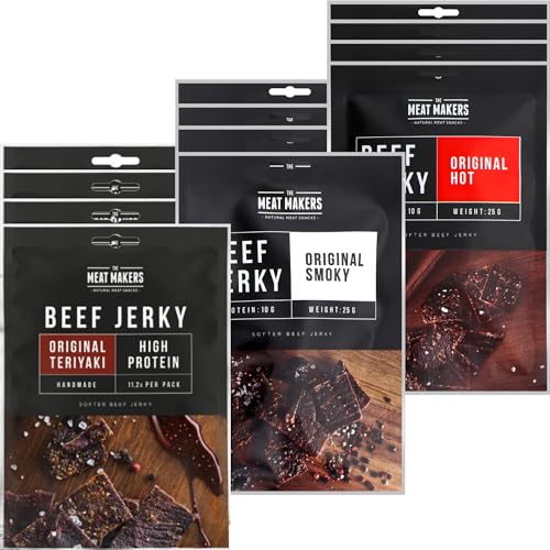 The Meat Makers - Original Smoky | Teriyaki | Hot Beef Jerky Snack Mix 300g (12x25g) - Getrocknetes Rindfleisch Beef Jerky Trocken Fleisch Trockenfleisch für Menschen von The Meat Makers
