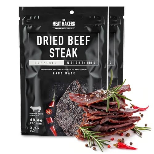 The Meat Makers Peppered Beef Jerky Steak (200g) - Getrocknetes Rindersteak Proteinreiches Rindfleisch Dörrfleisch Trockenfleisch Für Menschen Trocken Fleisch Beef Jerky Snack. The Meat Makers Peppered Beef Jerky Steak (200g) - Getrocknetes Rindersteak Proteinreiches Rindfleisch Dörrfleisch Trockenfleisch Für Menschen Trocken Fleisch Beef Jerky Snack. von The Meat Makers