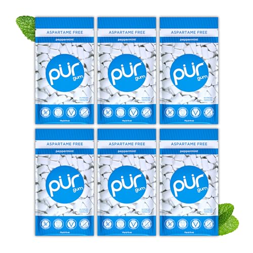 PUR Gum | Zuckerfreier Kaugummi | 100% Xylit | Vegan, Aspartamfrei & Glutenfrei | Natürlicher Kaugummi Mit Peppermint-Geschmack, 55 Stück (6er Pack) von PUR