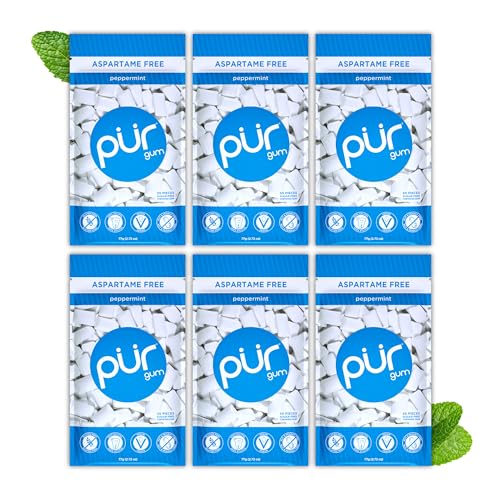 PUR Gum | Zuckerfreier Kaugummi | Mit Xylit | Vegan, Aspartamfrei & Glutenfrei | Natürlicher Kaugummi Mit Peppermint-Geschmack, 55 Stück (6er Pack) von PUR