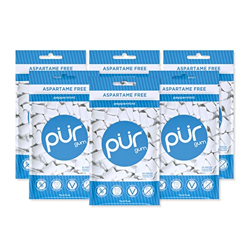 PUR Gum | Zuckerfreier Kaugummi | 100% Xylit | Vegan, Aspartamfrei & Glutenfrei | Natürlicher Kaugummi Mit Peppermint-Geschmack, 55 Stück (6er Pack) von PUR