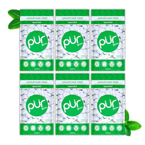 PUR Gum | Zuckerfreier Kaugummi | 100% Xylit | Vegan, Aspartamfrei & Glutenfrei | Natürlicher Kaugummi Mit Spearmint-Geschmack, 55 Stück (6er Pack) von PUR