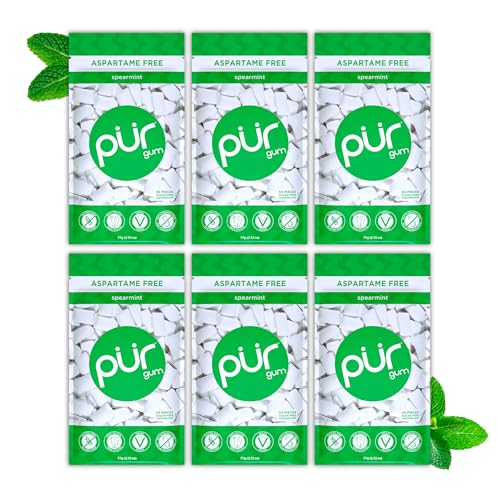 PUR Gum | Zuckerfreier Kaugummi | Mit Xylit | Vegan, Aspartamfrei & Glutenfrei | Natürlicher Kaugummi Mit Spearmint-Geschmack, 55 Stück (6er Pack) von PUR